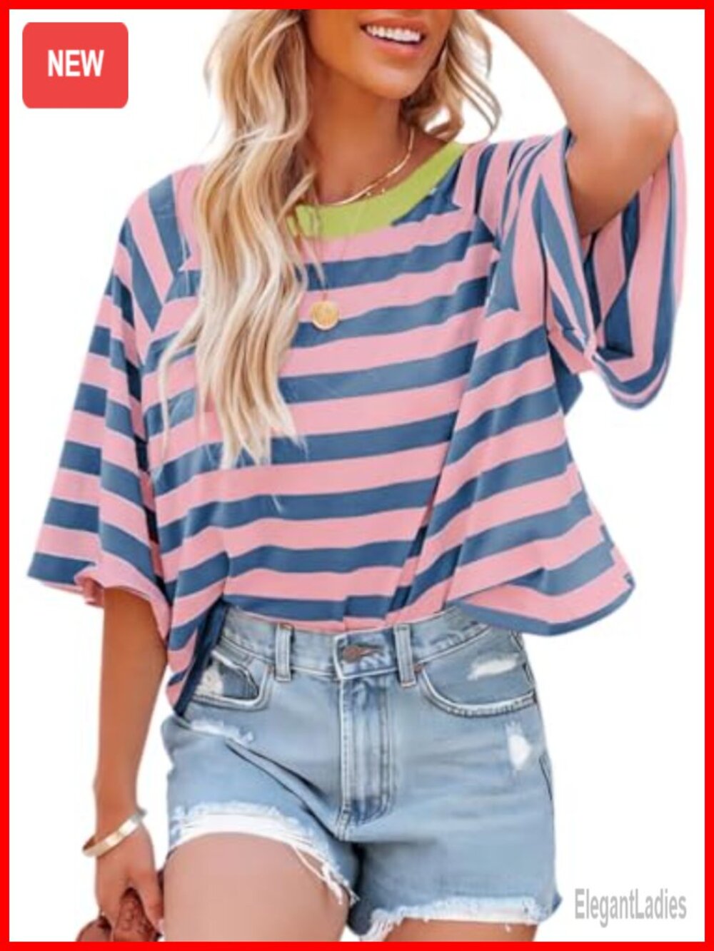 Women Striped V-Neck Short Sleeve Crop Tee Loose Fit Summer Top